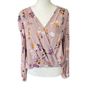 Millibon cross front pale pink floral long sleeve v-neck long back blouse
